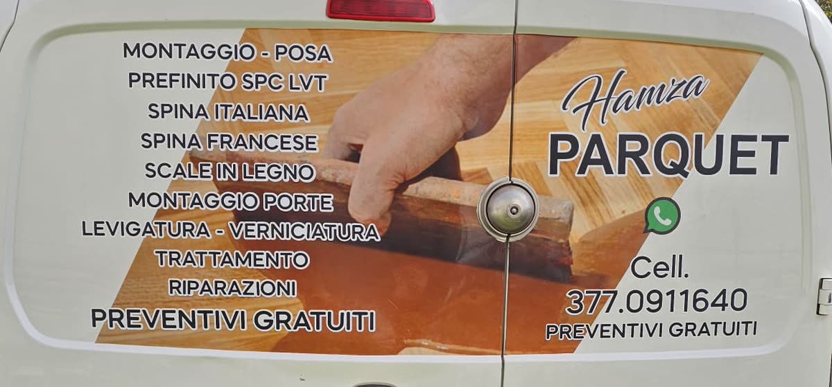 Il furgone di Hamza Parquet con l'elenco completo dei servizi e il numero di telefono